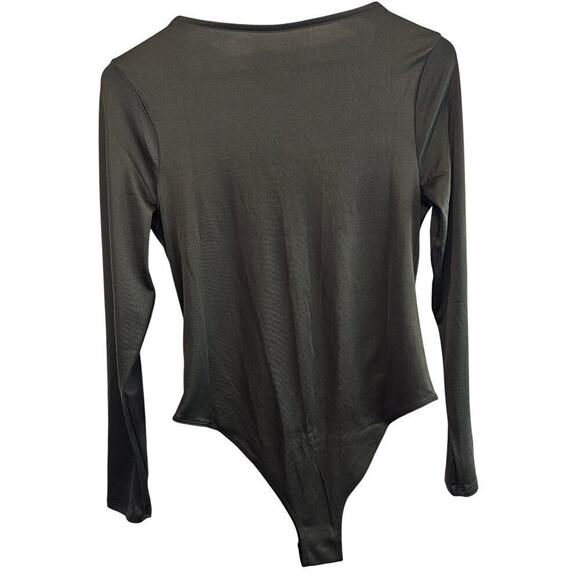 A New Day Bodysuit Women Medium Deep Green Stretch Long Sleeve Ruched V-Neck - Picture 2 of 9